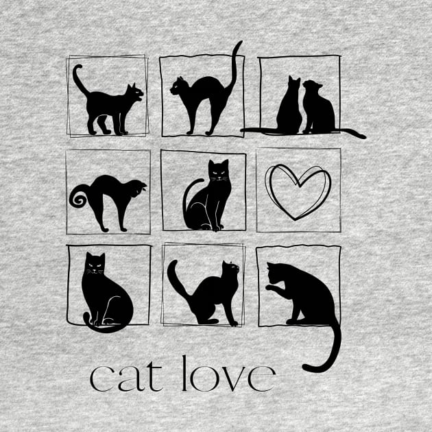 Nine black cats in square frame and one heart by Artpassion